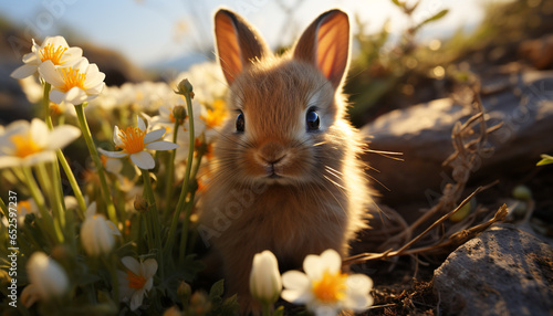 A cute baby rabbit sits in the grass, enjoying springtime generated by AI