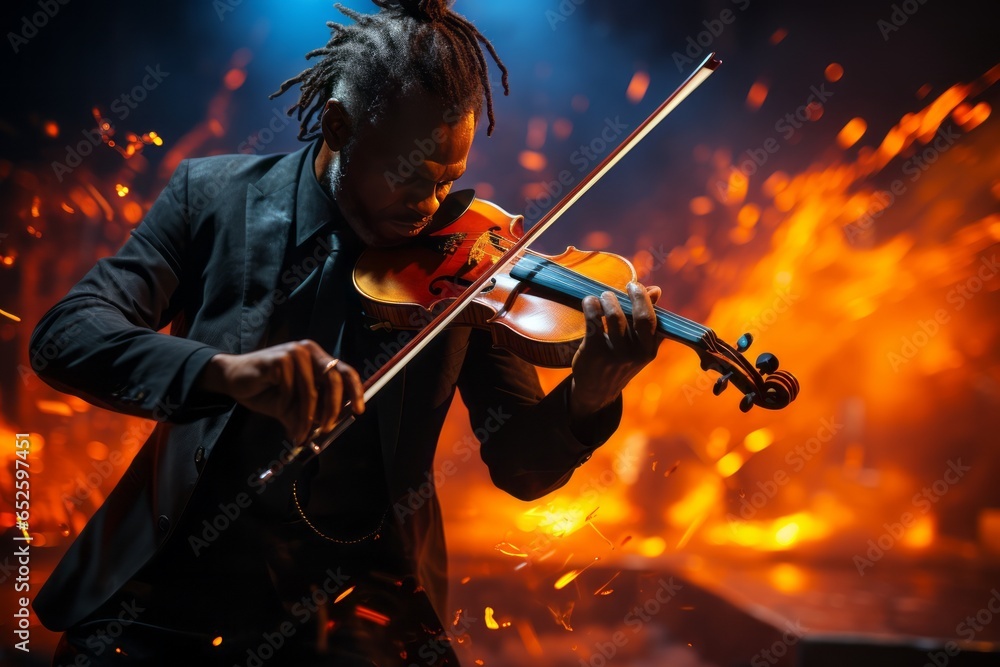 Musician playing a violin on a dimly lit stage, with the dramatic blur of their moving bow and strings, Generative AI