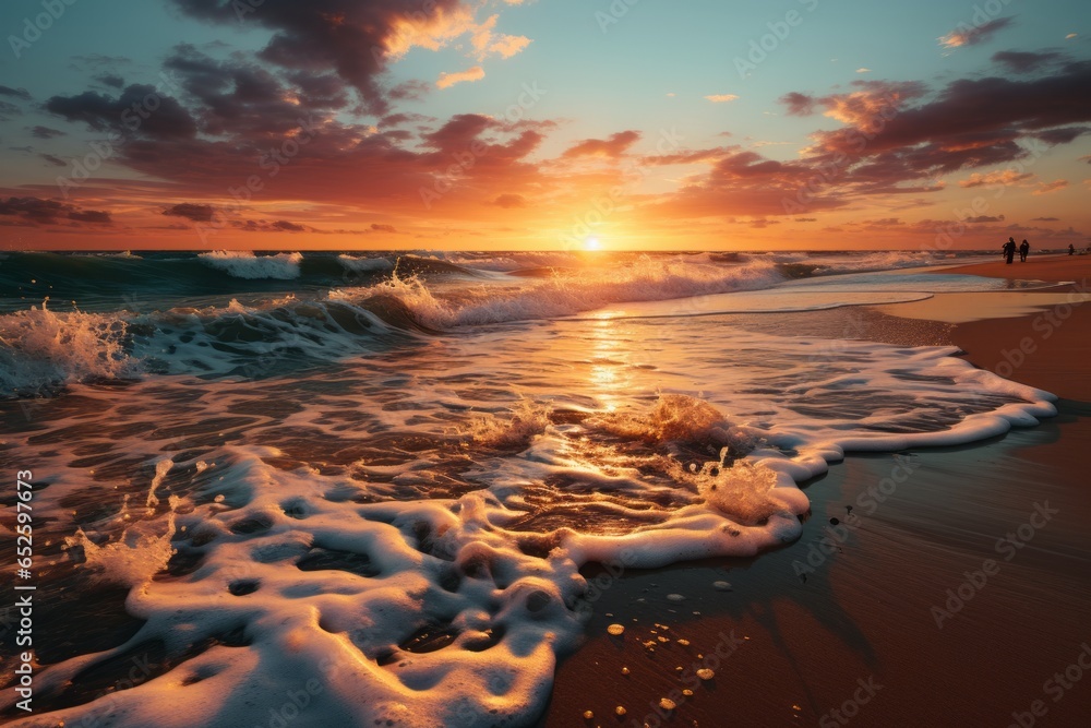  Serene beach scene at sunset, with waves washing ashore and creating a soft, dreamy blur in the background, Generative AI
