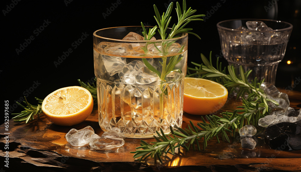 Refreshing cocktail with citrus fruit, ice, and a mint leaf generated by AI Refreshing cocktail with citrus fruit, ice, and a mint leaf generated by AI
