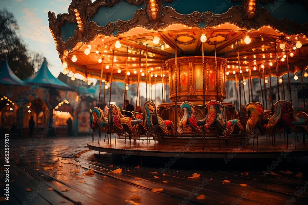 Vibrant carnival with a spinning carousel, capturing the thrill of the ride against a blurred backdrop, Generative AI Vibrant carnival with a spinning carousel, capturing the thrill of the ride against a blurred backdrop, Generative AI