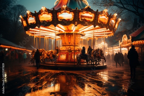  Vibrant carnival with a spinning carousel, capturing the thrill of the ride against a blurred backdrop, Generative AI