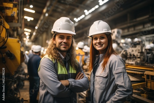 Male and female engineers, industrial plants, Generative AI