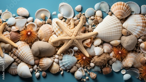 Sea sandy beach background with seashells and starfish.