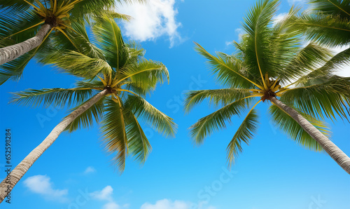 Looking up at palm trees swaying against a brilliant blue sky
