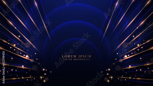 Abstract elegant diagonal golden lines with circles glowing blue and glitter light effect on dark blue background