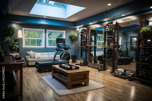 Home gym with state-of-the-art exercise equipment and motivating decor  Generative AI