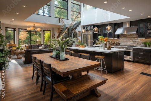 Modern kitchen with clean lines  stainless steel appliances  and an open floor plan  Generative AI