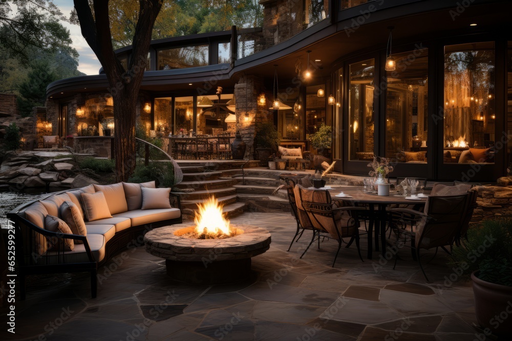 Outdoor patio with stylish outdoor furniture and a cozy fire pit, Generative AI