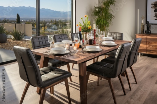 Stylish dining room featuring a contemporary table and chairs set for a family gathering, Generative AI © Shooting Star Std