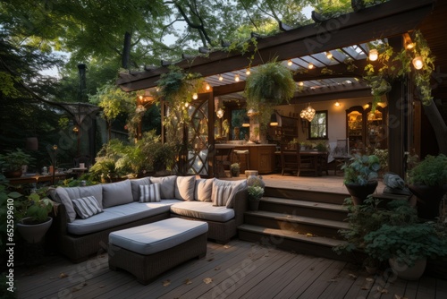Well-designed outdoor deck with a pergola, lounging area, and greenery, Generative AI
