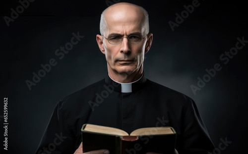 Catholic christian church priest wearing black cassock robe holding the holy bible book in his hands. photo