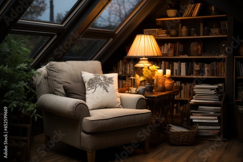  Well-lit reading nook with a comfortable armchair, bookshelves, and soft lighting, Generative AI © Shooting Star Std
