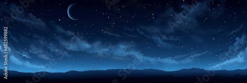 Blue dark night sky with many stars above field of trees. panorama cosmos background