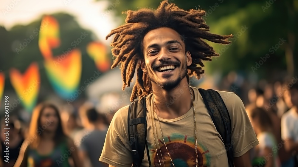 Portrait of a young man having fun in a reggae music festival. - obrazy, fototapety, plakaty 