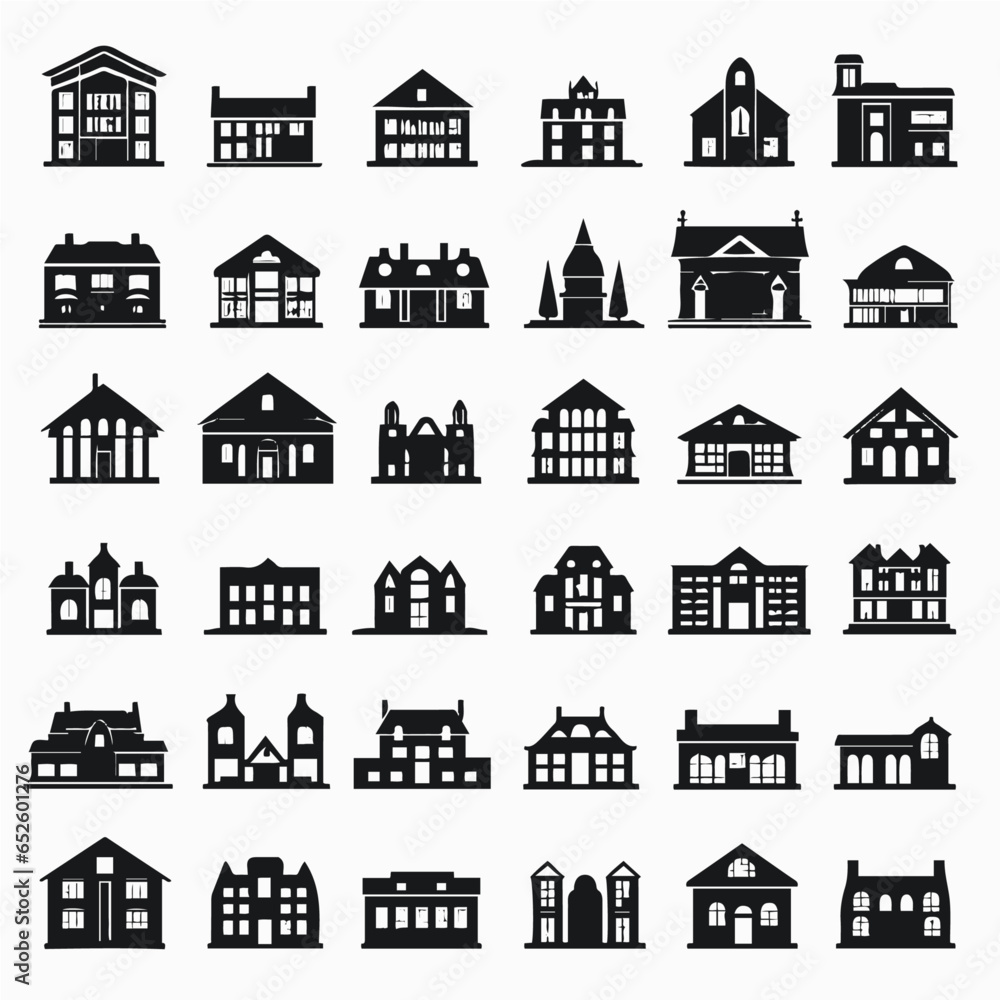 Houses exterior black glyph vector icons set