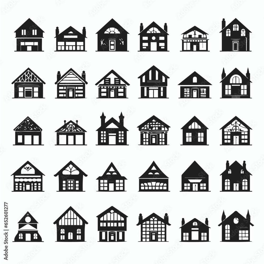 Houses exterior black glyph vector icons set
