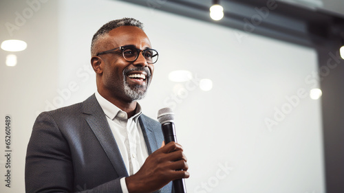 African american businessman giving a speech at conference