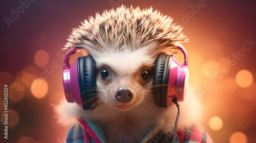 A hipster hedgehog with sunglasses and a headphone,  vibing to music in a club photo