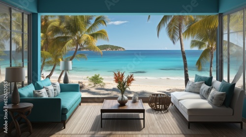 Luxury villa with terrace on a paradisiacal beach in the Caribbean with palm trees and quiet landscape  Perfect for relaxation and short vacations.