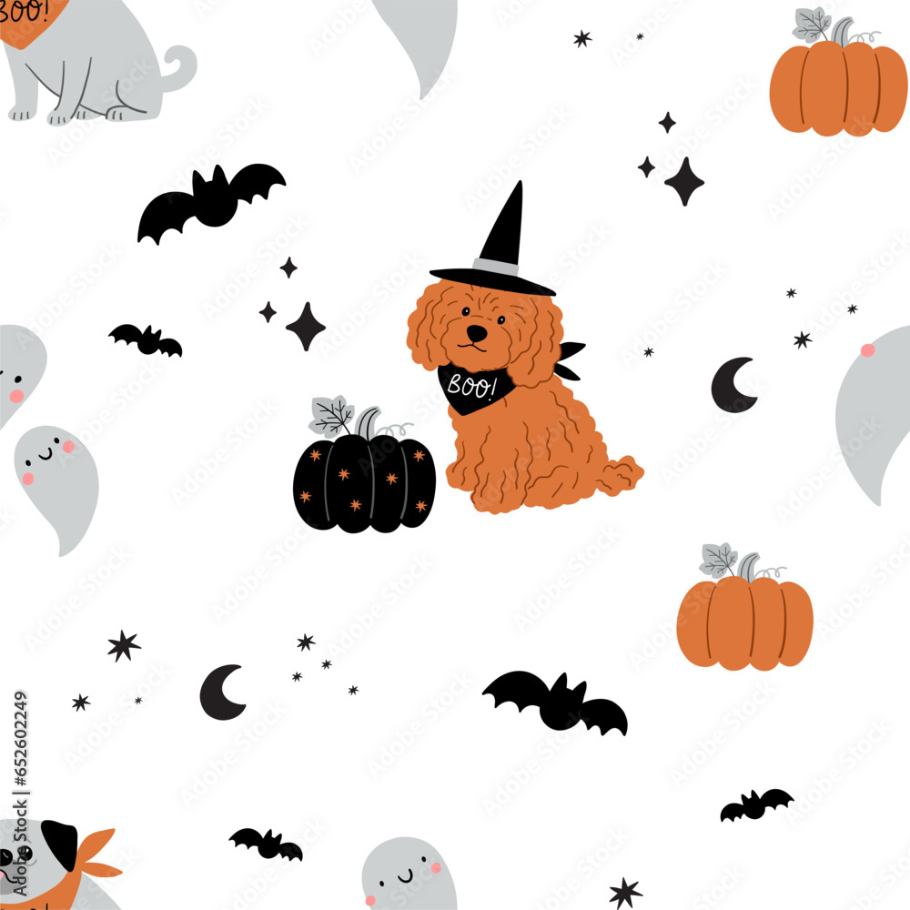 Fototapeta premium Cute cartoon Halloween dog, pumpkin, ghost - vector seamless pattern 