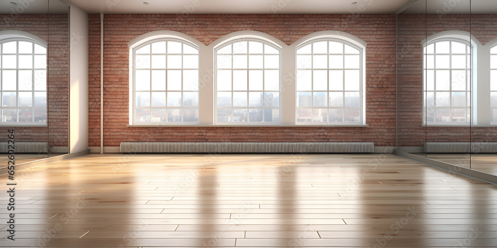 Modern interior with wooden floor, red brick walls and windows with city view. 3D Rendering