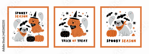 Cute cartoon Halloween dog, pumpkin, ghost - vector print 