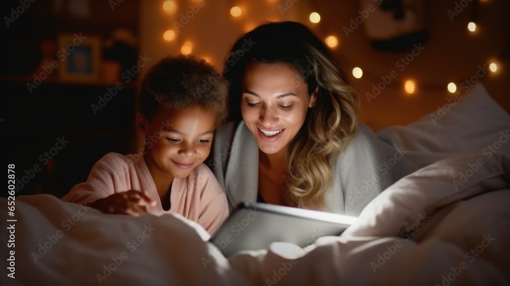 Mother with daughter using tablet watching movies and online games in bedroom. Mother with daughter using tablet watching movies and online games in bedroom.