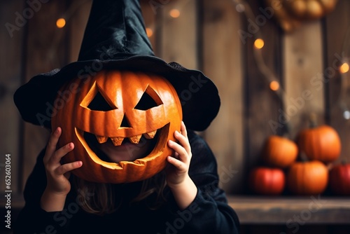 Little girl in black witch costume with jack o lantern on Halloween.