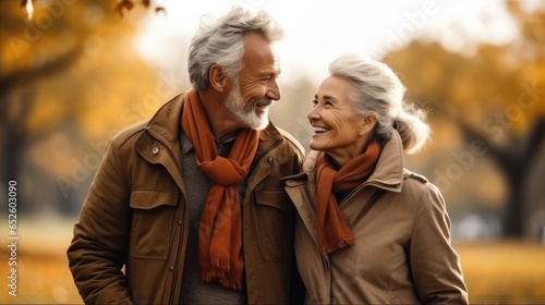 Happy old couple walking in park on autumn.