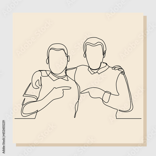 Continuous single one line sketch hand drawn drawing of men embrace together in friendship. Vector illustration
