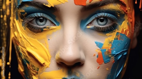 Portrait of a beautiful woman with painted face blue and yellow colors on her face.