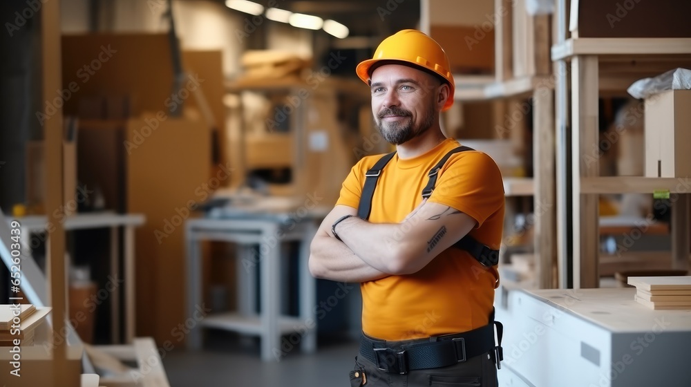 Man in work clothes and yellow helmet stand at shop for manufacturing furniture. Man in work clothes and yellow helmet stand at shop for manufacturing furniture.