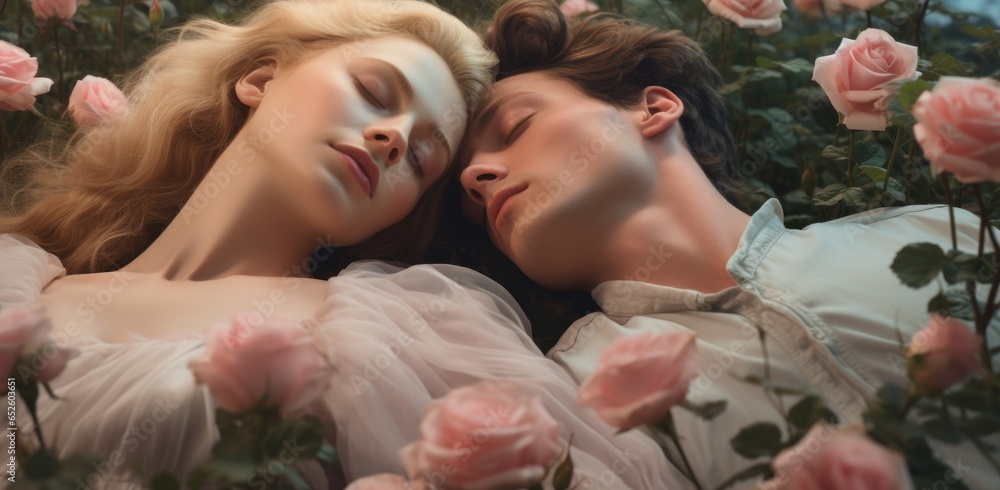Young couple in a rose field, lying head-to-head. She, in a pink dress, and he, in casuals, capture pure romance. A serene setting, an emblem of love and elegance, beautifully crafted by AI generative