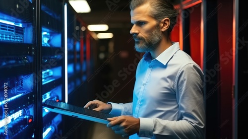 Professional IT specialist working with telecommunication equipments in server room.
