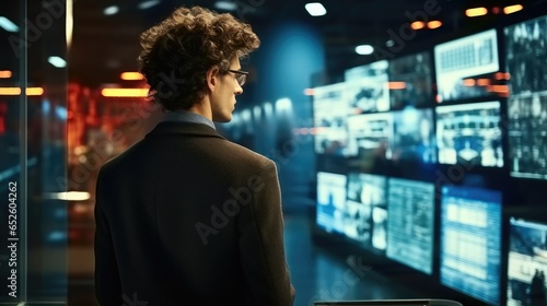 Man IT are looking at computer screen in server room.