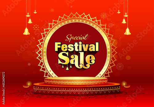 Special Festival sale, offers, discounts concept. Luxury, golden, podium, stage, product display design with Indian traditional background.