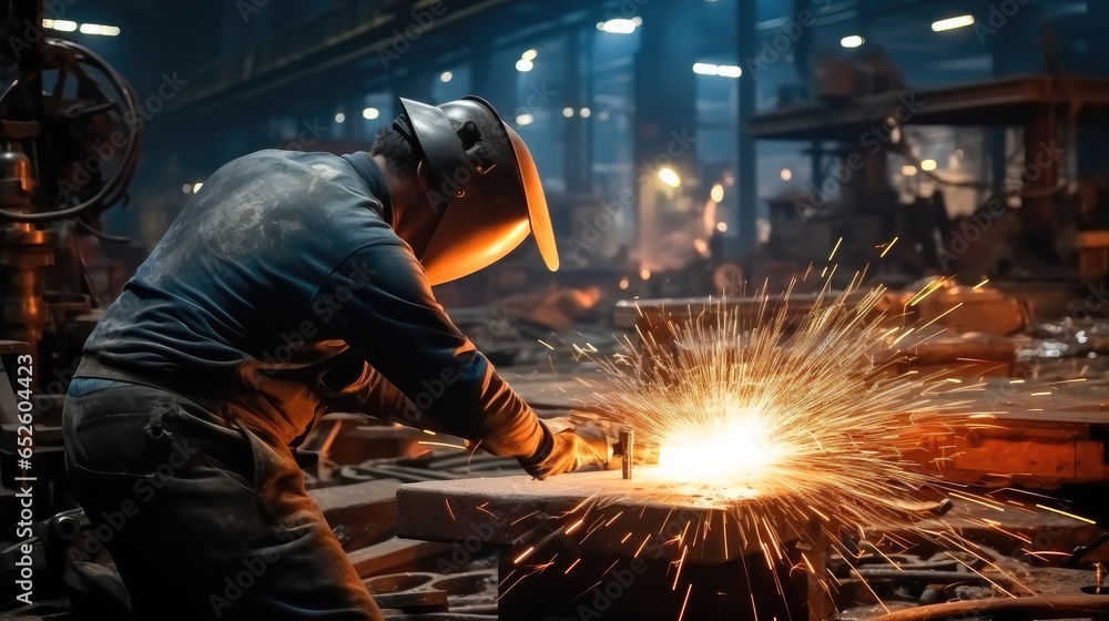 Welder used grinding stone on steel with sparks in factory, Industrial Worker welding steel. Welder used grinding stone on steel with sparks in factory, Industrial Worker welding steel.