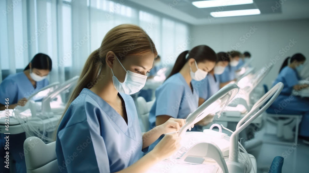 Medical intern studies assistant in an exam room. Medical intern studies assistant in an exam room.