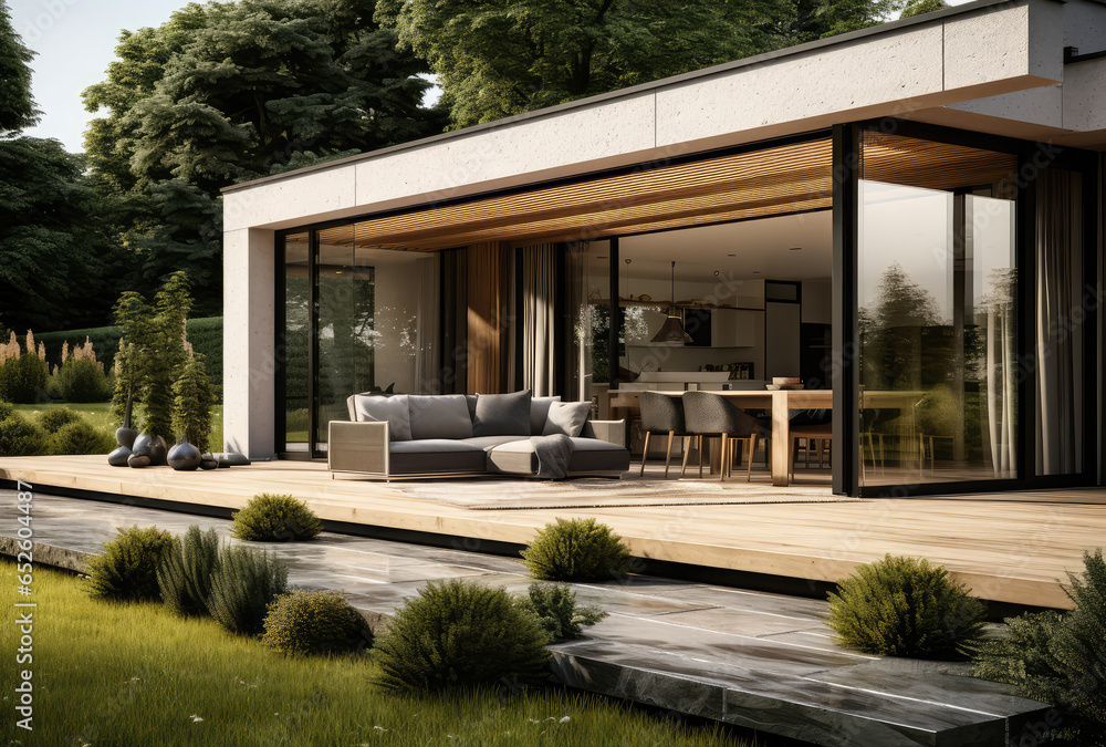 3d rendering of a modern house with sliding doors and a small yard