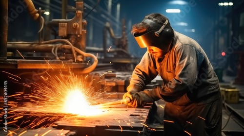 Welding process at the industrial workshop, Welder used grinding stone on steel in factory with sparks.