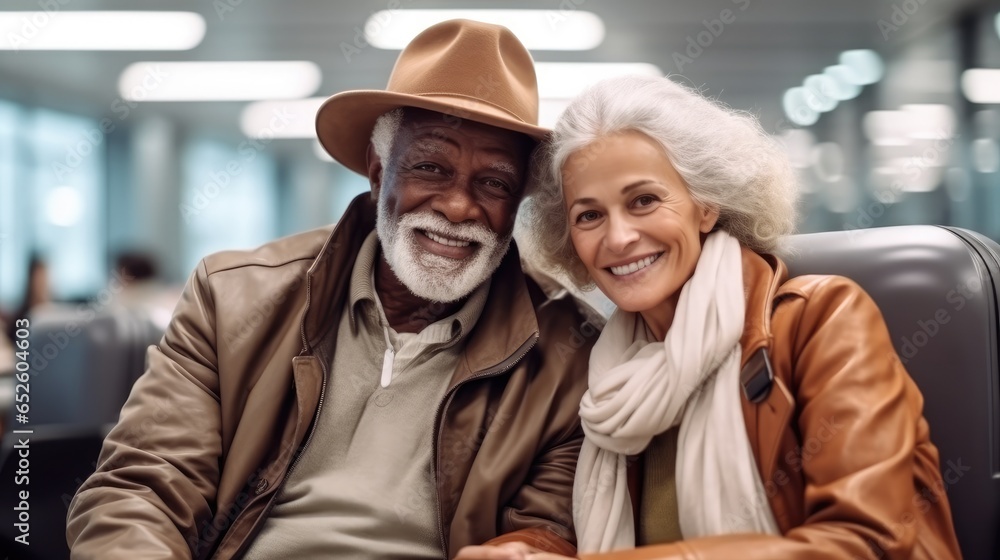 Elderly couples in the waiting area before check-in at airport. Elderly couples in the waiting area before check-in at airport.