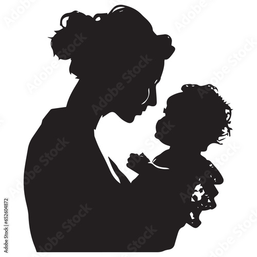 A mother forgets all her sorrows by placing her head against the nose and forehead of her newborn child silhouette vector illustration