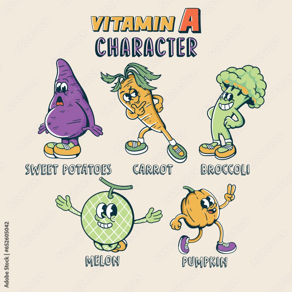 ruit and vegetable mascot cartoon character bundle set containing vitamin A