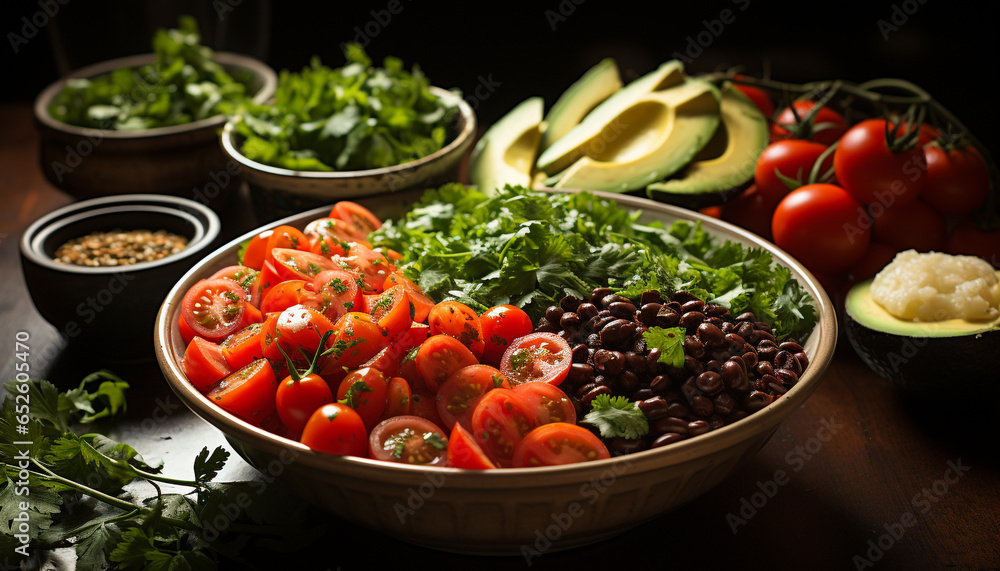 Freshness and variety on a wooden table, healthy gourmet vegetarian meal generated by AI Freshness and variety on a wooden table, healthy gourmet vegetarian meal generated by AI