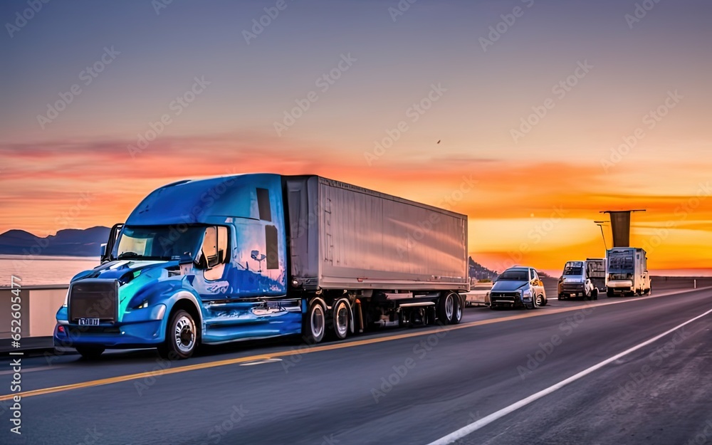 Pictures of cargo trucks on roads passing through different cities and countries. with products packed in the cargo area Using bright colors to highlight products and shipping routes can make images m