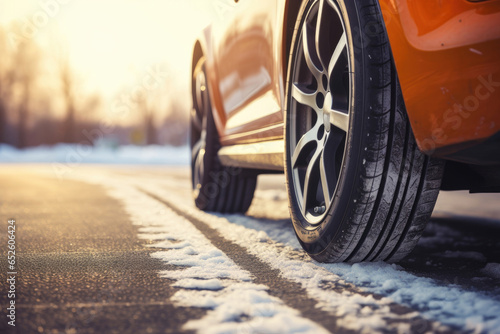Close-up of a car wheel on the winter road