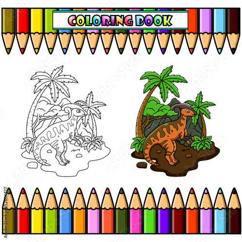 Cartoon parasaurolophus  in the jungle for coloring book