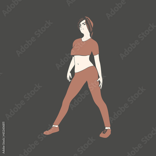 Standing woman. Sport girl illustration. Casual sportwear - t-shirt, breeches and sneakers. Young woman wearing workout clothes. Sport fashion girl outline in urban casual style.