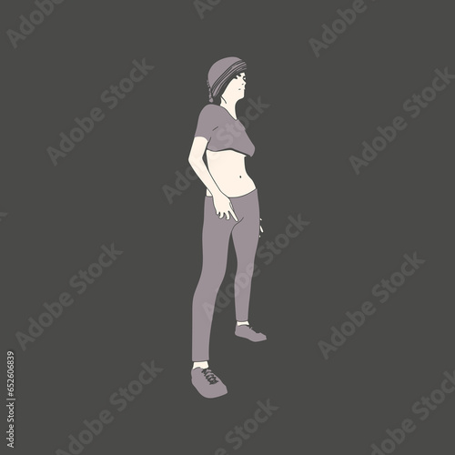 Standing woman. Sport girl illustration. Casual sportwear - t-shirt, breeches and sneakers. Young woman wearing workout clothes. Sport fashion girl outline in urban casual style.